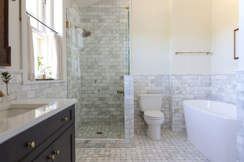 Tulsa bathroom walk-in shower, wainscot subway tile, vanity sink cabinet, freestanding tub Kitchen Ideas Tulsa bathroom design and remodel