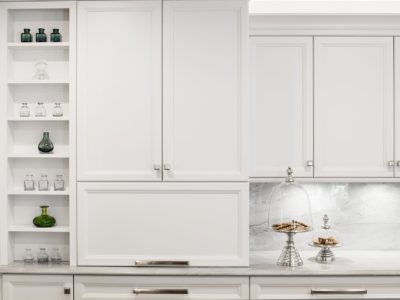 Beautiful functional Tulsa kitchen with white counter top, backsplash, white kitchen cabinet tall storage Kitchen Ideas Tulsa kitchen remodel