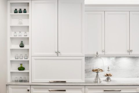 Beautiful functional Tulsa kitchen with white counter top, backsplash, white kitchen cabinet tall storage Kitchen Ideas Tulsa kitchen remodel