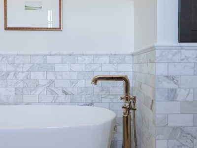 Freestanding Tulsa bathroom tub, floor mounted faucet wainscot subway tile backsplash, wall mounted faucet handles Kitchen Ideas Tulsa bathroom design and remodel