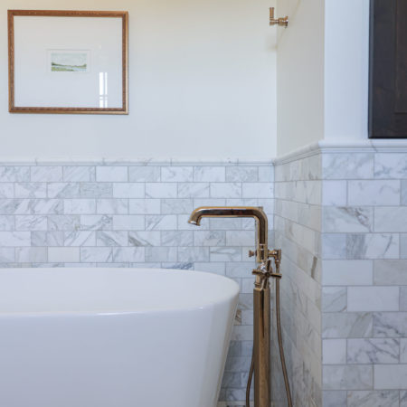 Freestanding Tulsa bathroom tub, floor mounted faucet wainscot subway tile backsplash, wall mounted faucet handles Kitchen Ideas Tulsa bathroom design and remodel