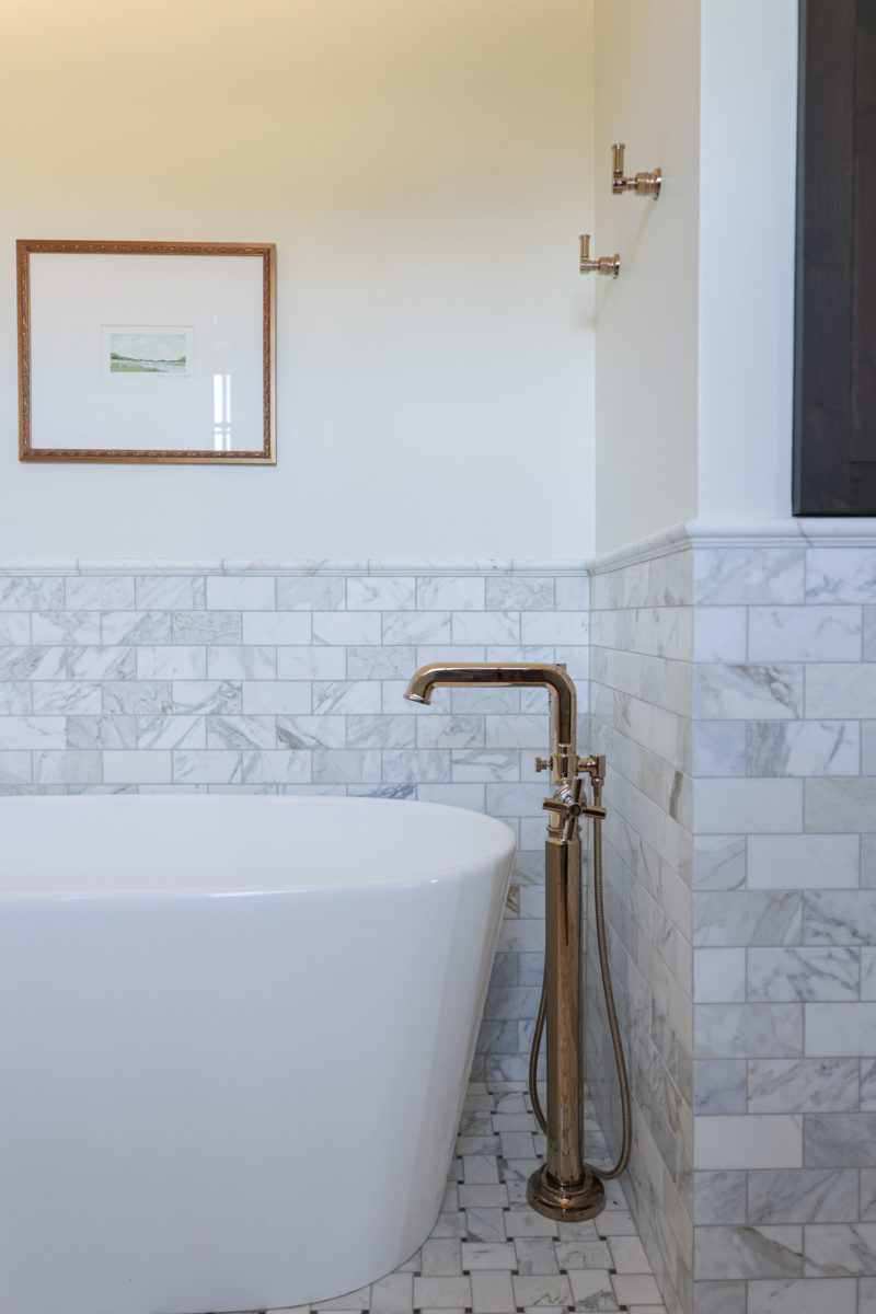 Freestanding Tulsa bathroom tub, floor mounted faucet wainscot subway tile backsplash, wall mounted faucet handles Kitchen Ideas Tulsa bathroom design and remodel