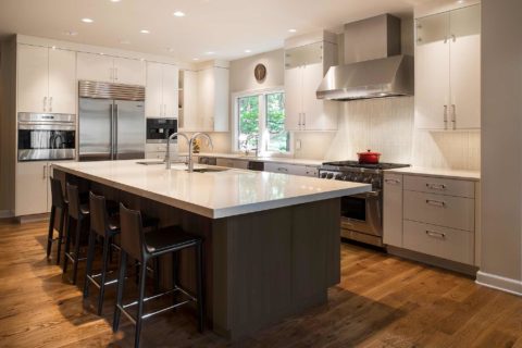 Tulsa kitchen island seating, cabinet storage, quartz counter-top, white perimeter cabinets, Sub-Zero Wolf appliances, Miele coffee, Galley Workstation Tulsa kitchen design and remodel