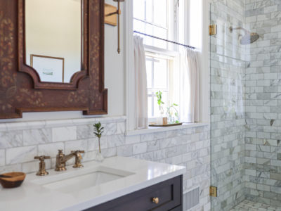 Single sink bathroom vanity, wainscot subway tile backsplash, shower glass door Kitchen Ideas Tulsa bathroom design and remodel