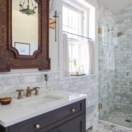 Single sink bathroom vanity, wainscot subway tile backsplash, shower glass door Kitchen Ideas Tulsa bathroom design and remodel