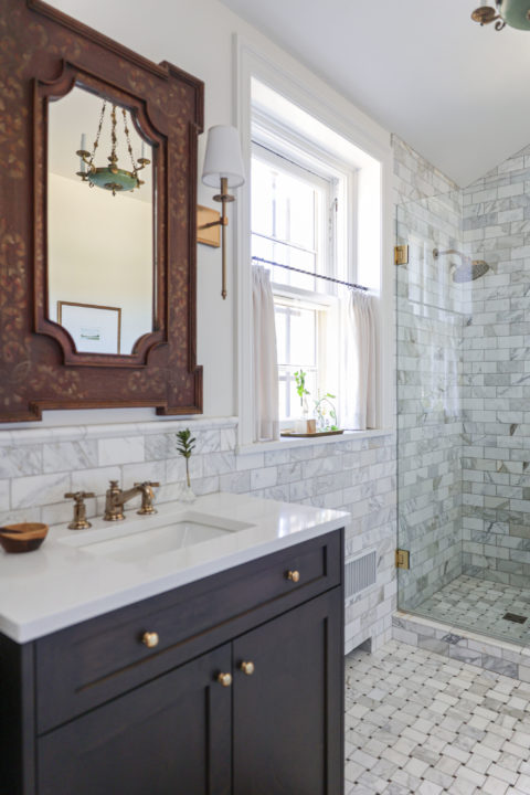 Single sink bathroom vanity, wainscot subway tile backsplash, shower glass door Kitchen Ideas Tulsa bathroom design and remodel