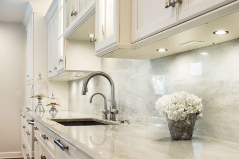 Undermount clean-up kitchen sink and cabinet storage, marble backsplash, puck lighting Kitchen Ideas Tulsa kitchen design and remodel