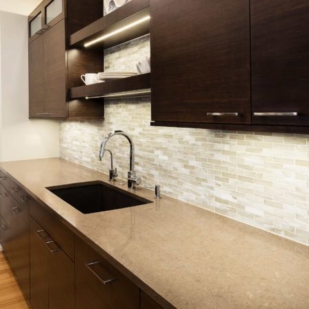 Under mount kitchen sink, open shelves, stone backsplash, quartz counter top, bamboo cabinet storage Kitchen Ideas Tulsa kitchen remodel