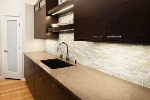 Under mount kitchen sink, open shelves, stone backsplash, quartz counter top, bamboo cabinet storage Kitchen Ideas Tulsa kitchen remodel