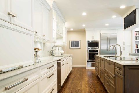 Kitchen cabinet drawer storage, undermount sink, Bosch ovens, refrigerator, brown island cabinet storage, Galley Workstation Kitchen Ideas Tulsa kitchen remodel