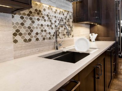 Cleanup kitchen sink workstation, decorative tile backsplash, quartz counter-top, open shelves, base drawer storage Kitchen Ideas Tulsa kitchen design and remodel