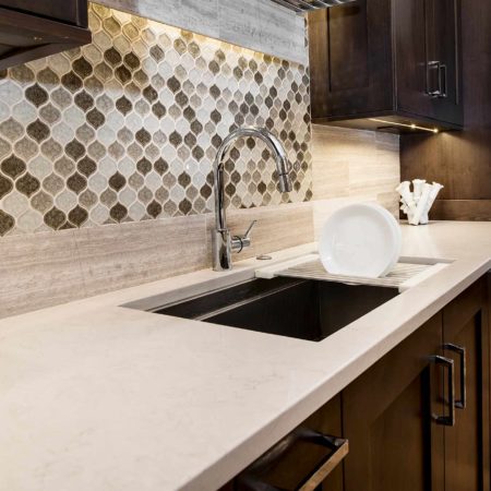 Cleanup kitchen sink workstation, decorative tile backsplash, quartz counter-top, open shelves, base drawer storage Kitchen Ideas Tulsa kitchen design and remodel