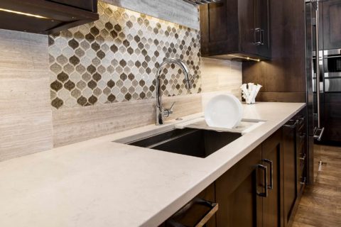 Cleanup kitchen sink workstation, decorative tile backsplash, quartz counter-top, open shelves, base drawer storage Kitchen Ideas Tulsa kitchen design and remodel