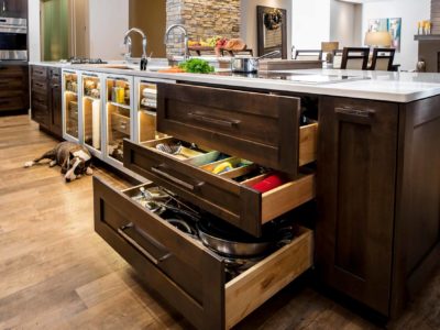Kitchen drawer base storage, Wolf induction cooktop, large island Galley sink workstation, quartz counter, luxury vinyl flooring Tulsa kitchen remodel