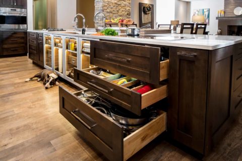 Kitchen drawer base storage, Wolf induction cooktop, large island Galley sink workstation, quartz counter, luxury vinyl flooring Tulsa kitchen remodel