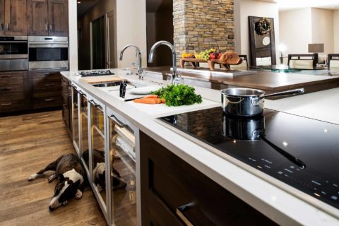 Kitchen island base storage Galley Workstation, Wolf induction cooktop, lit base cabinet storage, Wolf convection steam ovens, luxury vinyl wood flooring Tulsa kitchen remodel