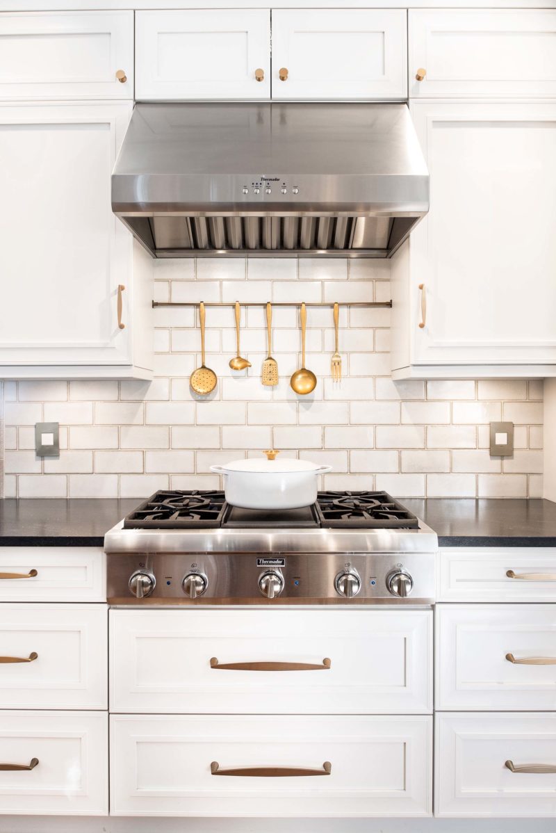 Drawer storage kitchen cabinet, Thermador pro gas rangetop, vent hood, subway tile backsplash, utensil hanging bar Kitchen Ideas Tulsa kitchen remodel