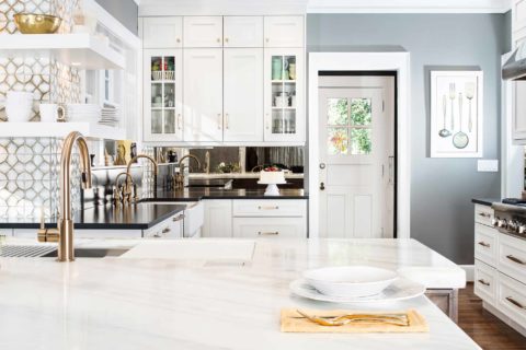 Tulsa kitchen marble counter, mirror backsplash, adjoining bar space, Galley Workstation, apron front sink Tulsa kitchen remodel