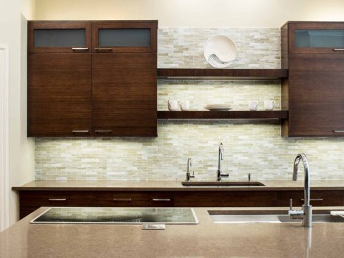 Walnut Galley 3 contemporary kitchen with Galley Workstation kitchen sink and induction cooking and cleanup kitchen sink with open shelves above
