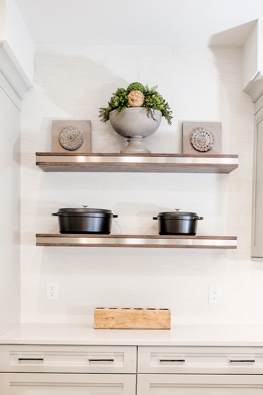 Tulsa kitchen open shelves, white cabinet storage, tile backsplash, crown molding to soffit Tulsa kitchen design and remodel