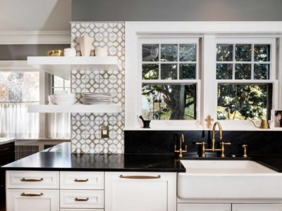 Tulsa kitchen with apron front clean-up kitchen sink, Ann Sacks Nottingham tile backsplash and open shelving