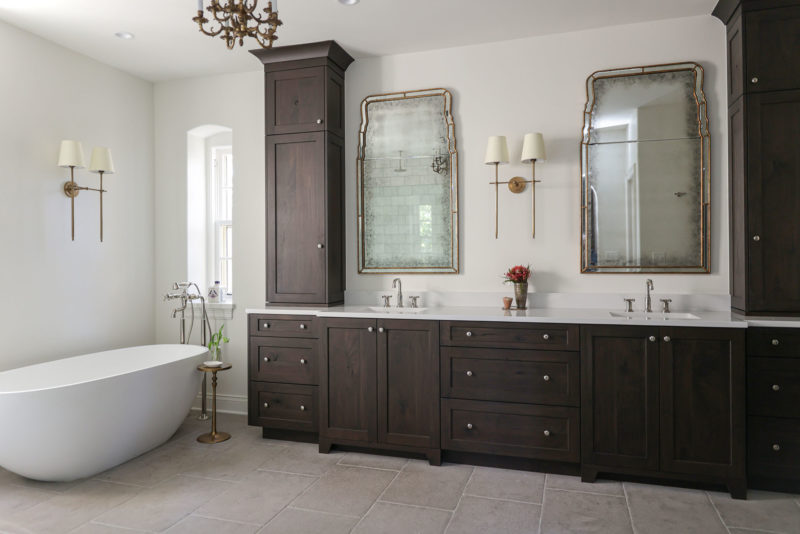 Tulsa master bathroom vanities, freestanding tub, cabinet storage, floor standing faucet, tile flooring Tulsa bathroom design and remodel