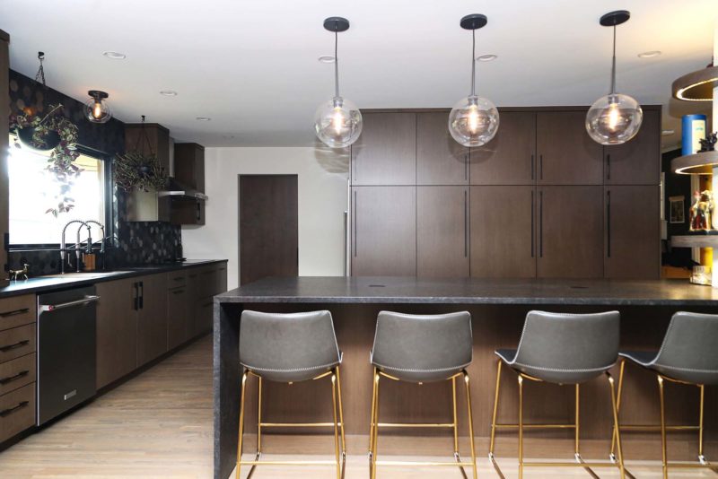 Kitchen Ideas Tulsa kitchen design and remodel flat panel brown cabinet storage, peninsula seating, decorative pendant lights, lighted open shelves and tall storage