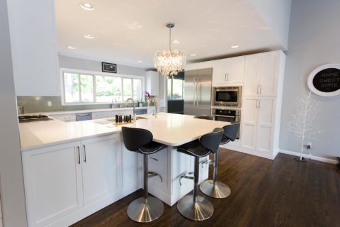 Open kitchen peninsula storage, seating, pendant light, Bosch appliances, wood flooring Kitchen Ideas Tulsa kitchen design and remodel