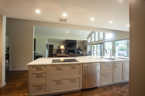 Tulsa kitchen remodel featuring a kitchen island with drawers and storage, a Galley Workstation, an induction cooktop, a stainless steel dishwasher, and an open living room.