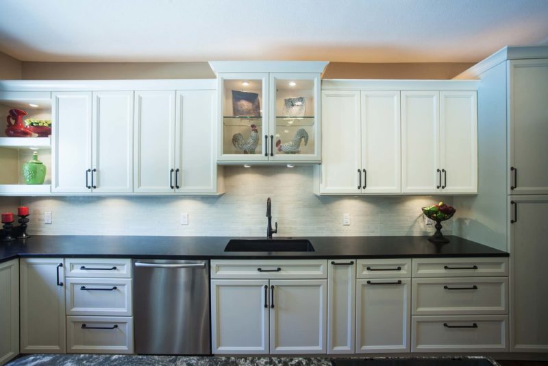 Clean up kitchen sink, tile backsplash, wall cabinets with glass fronts, open shelves Kitchen Ideas Tulsa kitchen remodel
