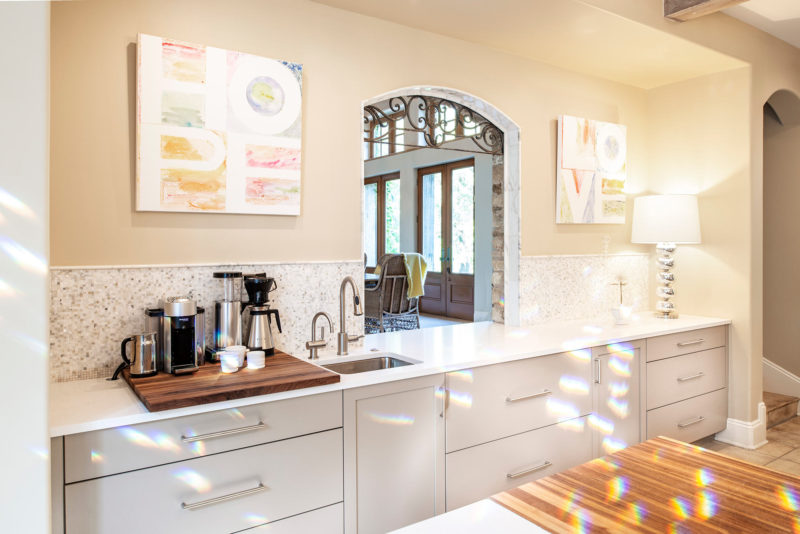 Coffee beverage space bar sink, base cabinet storage, counter top height, arched living room pass through, backsplash Kitchen Ideas Tulsa kitchen remodel