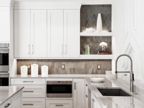 Tulsa kitchen remodel featuring a clean-up sink, a gray tile backsplash, Wolf double ovens, open shelves, a Wolf drawer microwave, and white cabinets with tray storage.