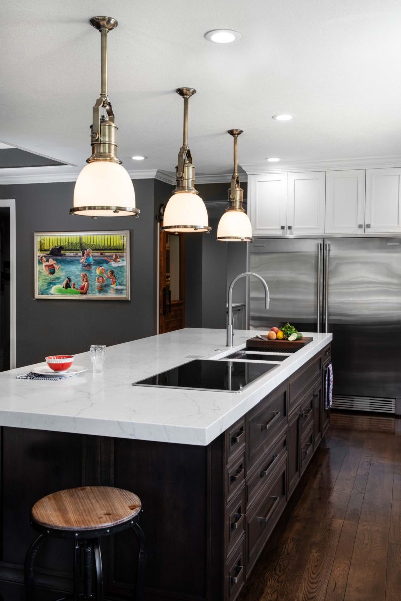 Kitchen island induction cooktop, pendant lights, Galley Workstation, Kitchenaid and Electrolux appliances Tulsa kitchen design and remodel