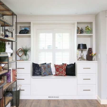 White seating drawer storage space, deco shelves, wood floors living room Kitchen Ideas Tulsa design and remodel