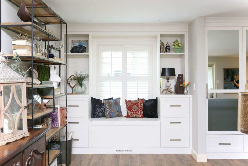 White seating drawer storage space, deco shelves, wood floors living room Kitchen Ideas Tulsa design and remodel