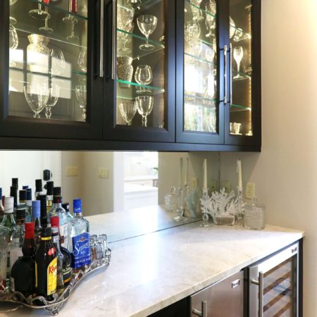 Kitchen bar area cabinet wall base storage, undercounter stainless ice, wine beverage refrigerator, mirror backsplash Kitchen Ideas Tulsa kitchen remodel