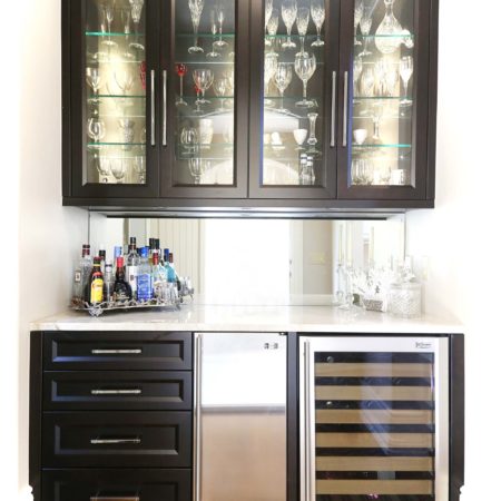 Kitchen bar space storage, undercounter stainless ice, wine beverage refrigerator, mirror backsplash Kitchen Ideas Tulsa kitchen design and remodel