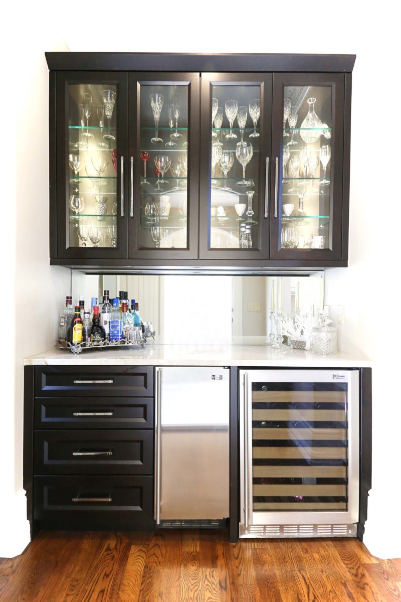 Kitchen bar space storage, undercounter stainless ice, wine beverage refrigerator, mirror backsplash Kitchen Ideas Tulsa kitchen design and remodel