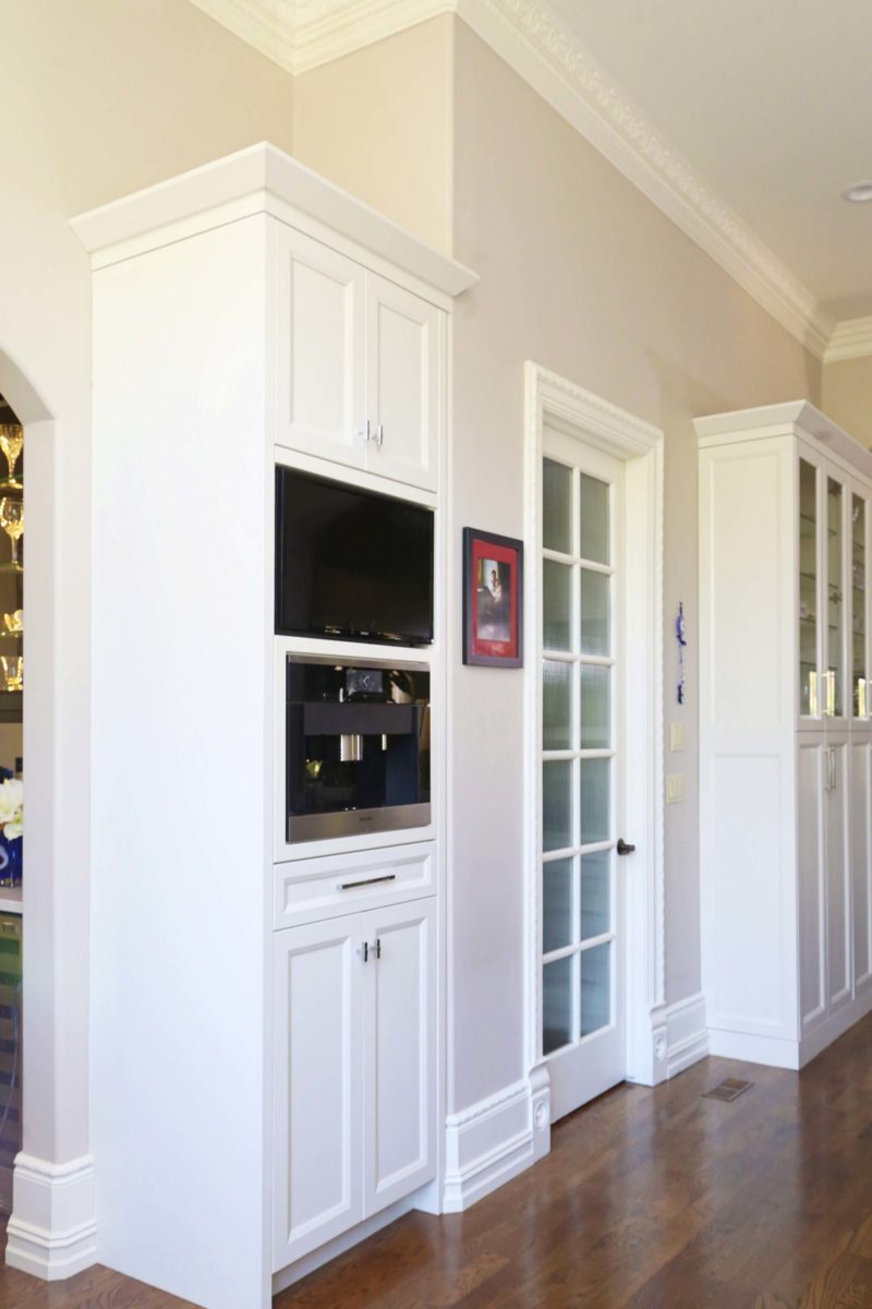 Tall kitchen coffee center with tv, Miele coffee, crown molding, refinished wood floors Kitchen Ideas Tulsa kitchen design and remodel
