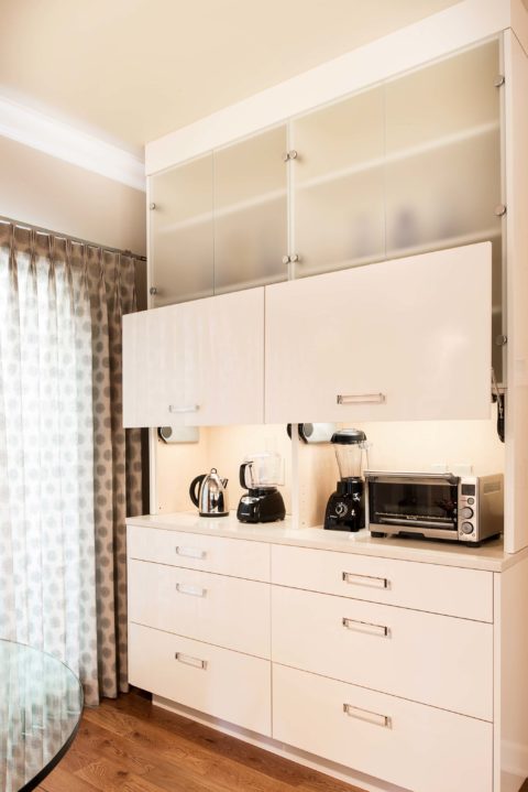 Kitchen coffee beverage center, pull-up cabinet, panels frosted glass wall cabinet storage, base drawer storage Kitchen Ideas Tulsa kitchen remodel
