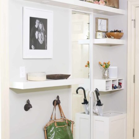 Open kitchen floating shelf storage with puck lights, wall hook bag hangers, umbrella storage Kitchen Ideas Tulsa design and remodel