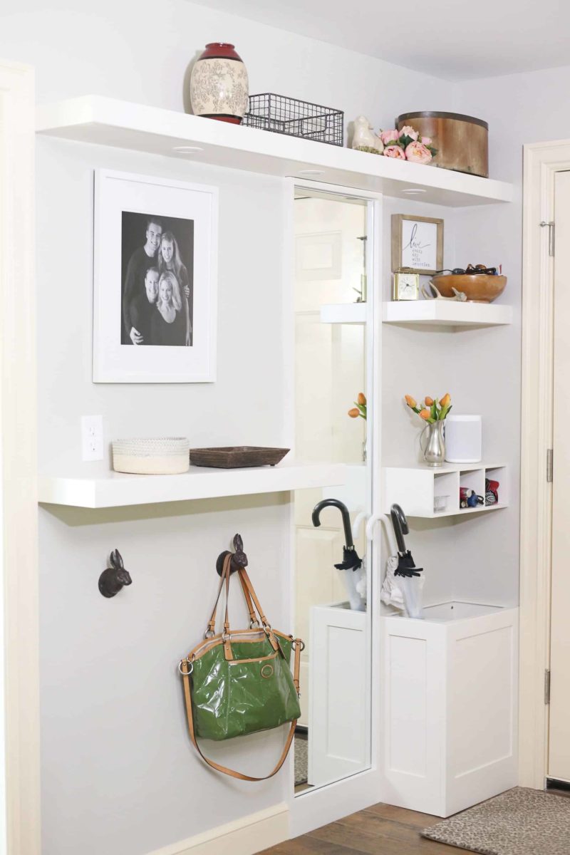 Open kitchen floating shelf storage with puck lights, wall hook bag hangers, umbrella storage Kitchen Ideas Tulsa design and remodel
