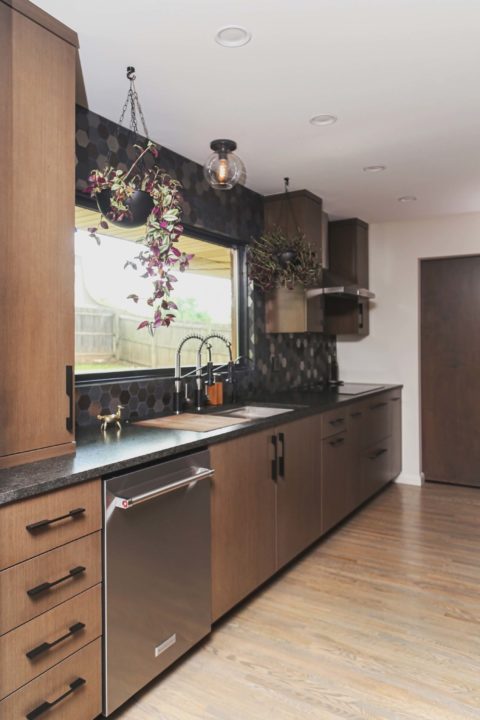Flat panel kitchen cabinet storage, stainless dishwasher, Galley sink workstation, wood floors Kitchen Ideas Tulsa kitchen remodel