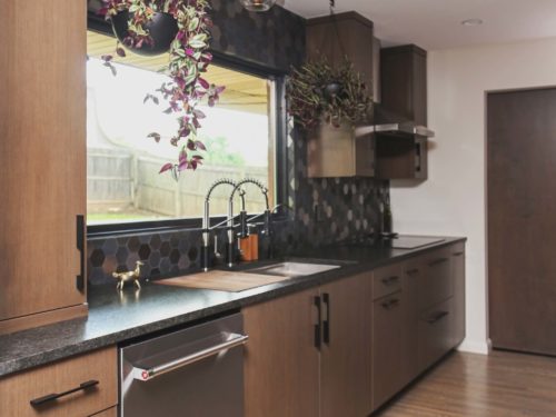 Flat panel kitchen cabinet storage, stainless dishwasher, Galley sink workstation, wood floors Kitchen Ideas Tulsa kitchen remodel