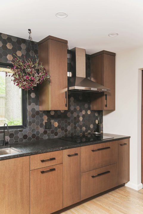 Wall base kitchen cabinet storage, stainless dishwasher, Galley sink workstation, decorative tile backsplash, stainless vent hood, induction cooktop Tulsa kitchen design and remodel
