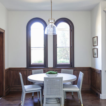 Breakfast dining area with table pendant light and wood floors Tulsa kitchen design remodel