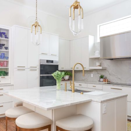 White kitchen island pendants and seating, Dacor ovens, tall pantry storage, stainless vent hood, induction cooktop Kitchen Ideas Tulsa kitchen remodel