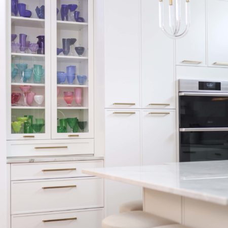 White tall pantry storage with glass front doors, Dacor ovens, island seating Kitchen Ideas Tulsa kitchen design and remodel