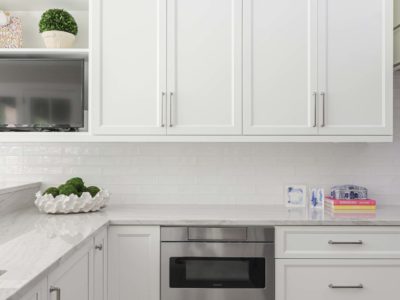 Drawer microwave white cabinets, open shelves, subway tile backsplash, large crown molding Kitchen Ideas Tulsa kitchen remodel