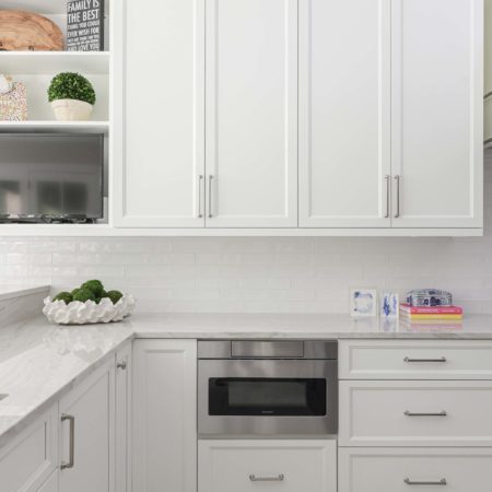 Drawer microwave white cabinets, open shelves, subway tile backsplash, large crown molding Kitchen Ideas Tulsa kitchen remodel